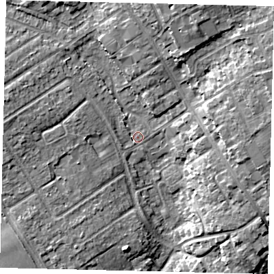 Shaded relief map of the ground around AL21RT, computed from Environment Agency LiDAR. The ground here sits at about 69 m above sea level and falls 11 m across the surrounding 800 m. Surface water reaching this point runs off ground lying to the north-north-east, 9.3 m higher.