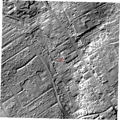 Shaded relief map of the ground around AL21RU, computed from Environment Agency LiDAR. The ground here sits at about 69 m above sea level and falls 12 m across the surrounding 800 m. Surface water reaching this point runs off ground lying to the west, 7.0 m higher.