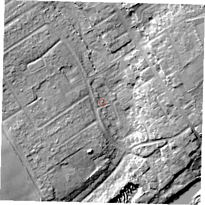 Shaded relief map of the ground around AL21RW, computed from Environment Agency LiDAR. The ground here sits at about 69 m above sea level and falls 14 m across the surrounding 800 m. Surface water reaching this point runs off ground lying to the west-north-west, 6.2 m higher.