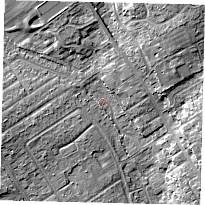 Shaded relief map of the ground around AL21RX, computed from Environment Agency LiDAR. The ground here sits at about 70 m above sea level and falls 13 m across the surrounding 800 m. Surface water reaching this point runs off ground lying to the west, 7.5 m higher.