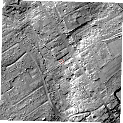 Shaded relief map of the ground around AL21RZ, computed from Environment Agency LiDAR. The ground here sits at about 70 m above sea level and falls 12 m across the surrounding 800 m. Surface water reaching this point runs off ground lying to the north-north-east, 9.2 m higher.