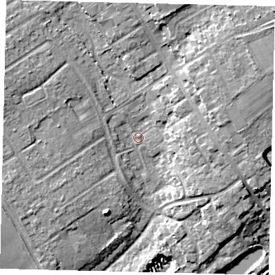 Shaded relief map of the ground around AL21SA, computed from Environment Agency LiDAR. The ground here sits at about 69 m above sea level and falls 14 m across the surrounding 800 m. Surface water reaching this point runs off ground lying to the north-east, 9.6 m higher.
