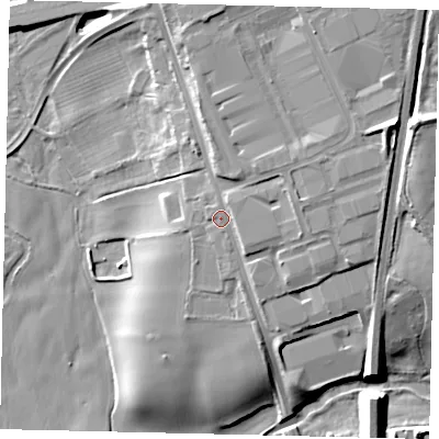 Shaded relief map of the ground around AL22EN, computed from Environment Agency LiDAR. The ground here sits at about 71 m above sea level and falls 17 m across the surrounding 800 m. Surface water reaching this point runs off ground lying to the north-east, 1.8 m higher.