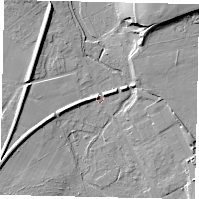 Shaded relief map of the ground around AL22JR, computed from Environment Agency LiDAR. The ground here sits at about 67 m above sea level and falls 21 m across the surrounding 800 m. Surface water reaching this point runs off ground lying to the north-north-west, 10.7 m higher.