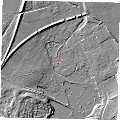 Shaded relief map of the ground around AL22LW, computed from Environment Agency LiDAR. The ground here sits at about 66 m above sea level and falls 14 m across the surrounding 800 m. Surface water reaching this point runs off ground lying to the west, 10.7 m higher.