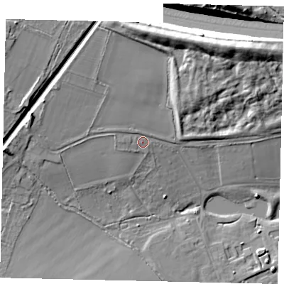 Shaded relief map of the ground around AL23PN, computed from Environment Agency LiDAR. The ground here sits at about 77 m above sea level and falls 16 m across the surrounding 800 m. Surface water reaching this point runs off ground lying to the west-north-west, 5.4 m higher.