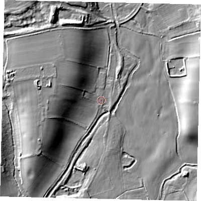 Shaded relief map of the ground around AL23TX, computed from Environment Agency LiDAR. The ground here sits at about 63 m above sea level and falls 19 m across the surrounding 800 m. Surface water reaching this point runs off ground lying to the west-north-west, 8.0 m higher.