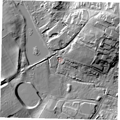 Shaded relief map of the ground around AL34HJ, computed from Environment Agency LiDAR. The ground here sits at about 78 m above sea level and falls 35 m across the surrounding 800 m. Surface water reaching this point runs off ground lying to the north-east, 14.9 m higher.