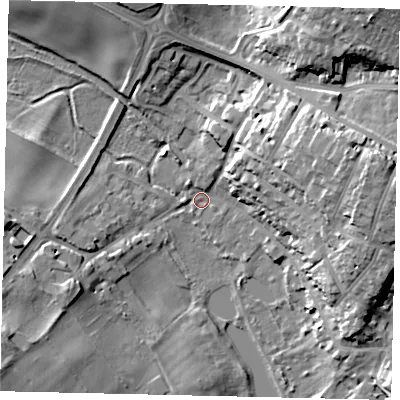 Shaded relief map of the ground around AL34SD, computed from Environment Agency LiDAR. The ground here sits at about 80 m above sea level and falls 25 m across the surrounding 800 m. Surface water reaching this point runs off ground lying to the east-north-east, 19.1 m higher.