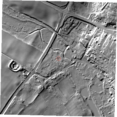 Shaded relief map of the ground around AL34SF, computed from Environment Agency LiDAR. The ground here sits at about 80 m above sea level and falls 25 m across the surrounding 800 m. Surface water reaching this point runs off ground lying to the west-south-west, 7.1 m higher.