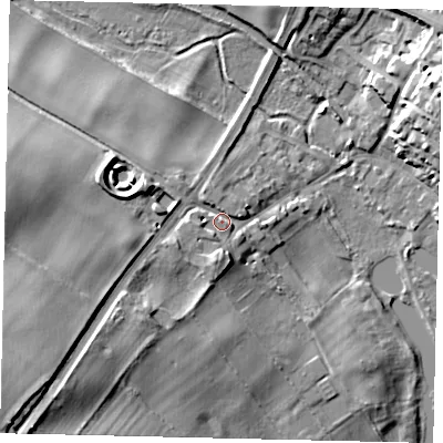 Shaded relief map of the ground around AL34SJ, computed from Environment Agency LiDAR. The ground here sits at about 87 m above sea level and falls 34 m across the surrounding 800 m. Surface water reaching this point runs off ground lying to the south-west, 27.6 m higher.