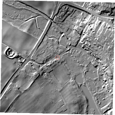 Shaded relief map of the ground around AL34SP, computed from Environment Agency LiDAR. The ground here sits at about 80 m above sea level and falls 25 m across the surrounding 800 m. Surface water reaching this point runs off ground lying to the south-west, 23.1 m higher.