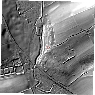 Shaded relief map of the ground around AL36LB, computed from Environment Agency LiDAR. The ground here sits at about 89 m above sea level and falls 33 m across the surrounding 800 m. Surface water reaching this point runs off ground lying to the east-north-east, 25.7 m higher.
