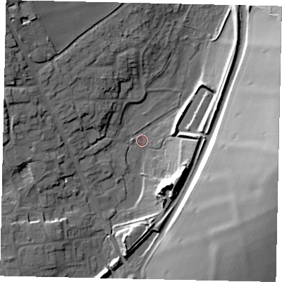 Shaded relief map of the ground around AL37LA, computed from Environment Agency LiDAR. The ground here sits at about 93 m above sea level and falls 34 m across the surrounding 800 m. Surface water reaching this point runs off ground lying to the east, 31.9 m higher.