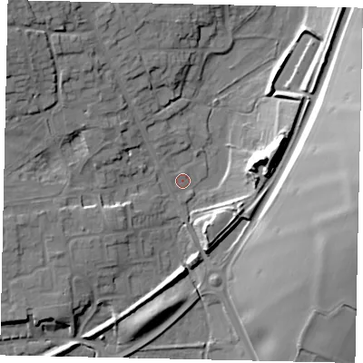Shaded relief map of the ground around AL37LG, computed from Environment Agency LiDAR. The ground here sits at about 93 m above sea level and falls 28 m across the surrounding 800 m. Surface water reaching this point runs off ground lying to the east-north-east, 22.5 m higher.
