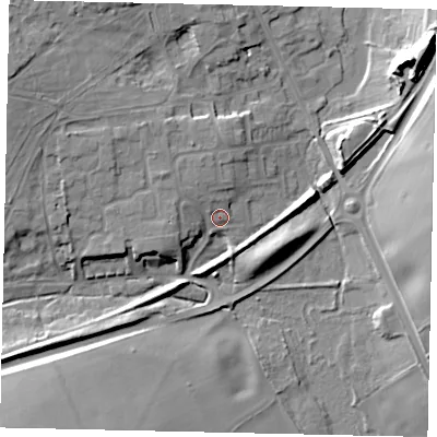 Shaded relief map of the ground around AL37LT, computed from Environment Agency LiDAR. The ground here sits at about 96 m above sea level and falls 20 m across the surrounding 800 m. Surface water reaching this point runs off ground lying to the north-west, 3.9 m higher.