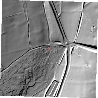 Shaded relief map of the ground around AL37PD, computed from Environment Agency LiDAR. The ground here sits at about 95 m above sea level and falls 36 m across the surrounding 800 m. Surface water reaching this point runs off ground lying to the north-west, 13.3 m higher.