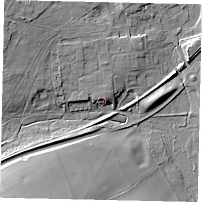 Shaded relief map of the ground around AL37QG, computed from Environment Agency LiDAR. The ground here sits at about 97 m above sea level and falls 20 m across the surrounding 800 m. Surface water reaching this point runs off ground lying to the north-north-west, 3.3 m higher.