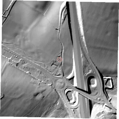 Shaded relief map of the ground around AL38EX, computed from Environment Agency LiDAR. The ground here sits at about 111 m above sea level and falls 29 m across the surrounding 800 m. Surface water reaching this point runs off ground lying to the north-north-east, 14.0 m higher.