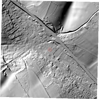 Shaded relief map of the ground around AL38FH, computed from Environment Agency LiDAR. The ground here sits at about 123 m above sea level and falls 40 m across the surrounding 800 m. Surface water reaching this point runs off ground lying to the north-east, 38.0 m higher.