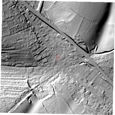 Shaded relief map of the ground around AL38JG, computed from Environment Agency LiDAR. The ground here sits at about 124 m above sea level and falls 37 m across the surrounding 800 m. Surface water reaching this point runs off ground lying to the west-north-west, 20.0 m higher.
