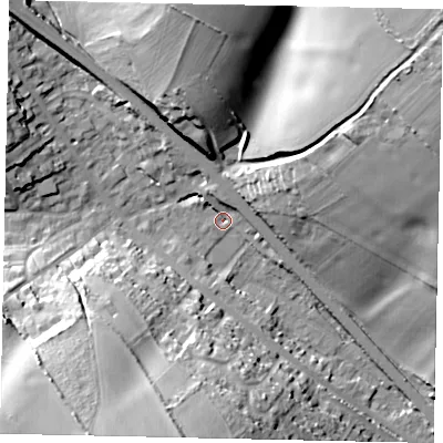 Shaded relief map of the ground around AL38JH, computed from Environment Agency LiDAR. The ground here sits at about 122 m above sea level and falls 43 m across the surrounding 800 m. Surface water reaching this point runs off ground lying to the north-north-west, 4.8 m higher.