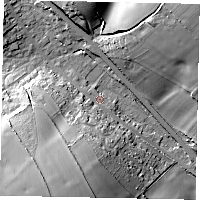 Shaded relief map of the ground around AL38JL, computed from Environment Agency LiDAR. The ground here sits at about 124 m above sea level and falls 42 m across the surrounding 800 m. Surface water reaching this point runs off ground lying to the south-south-west, 23.2 m higher.