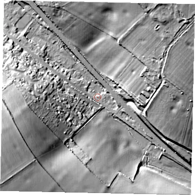 Shaded relief map of the ground around AL38JR, computed from Environment Agency LiDAR. The ground here sits at about 120 m above sea level and falls 43 m across the surrounding 800 m. Surface water reaching this point runs off ground lying to the west-south-west, 35.8 m higher.