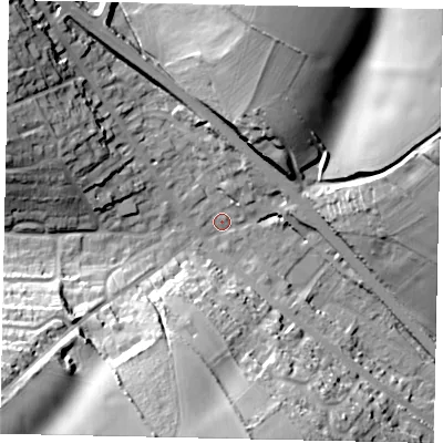 Shaded relief map of the ground around AL38LG, computed from Environment Agency LiDAR. The ground here sits at about 123 m above sea level and falls 37 m across the surrounding 800 m. Surface water reaching this point runs off ground lying to the south-west, 33.2 m higher.