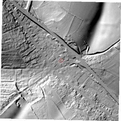 Shaded relief map of the ground around AL38LJ, computed from Environment Agency LiDAR. The ground here sits at about 123 m above sea level and falls 37 m across the surrounding 800 m. Surface water reaching this point runs off ground lying to the north-west, 19.7 m higher.