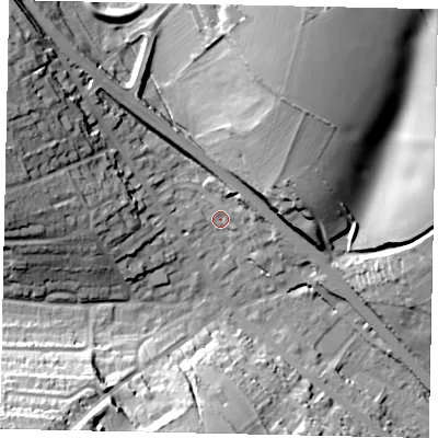 Shaded relief map of the ground around AL38LY, computed from Environment Agency LiDAR. The ground here sits at about 124 m above sea level and falls 38 m across the surrounding 800 m. Surface water reaching this point runs off ground lying to the west-north-west, 22.1 m higher.
