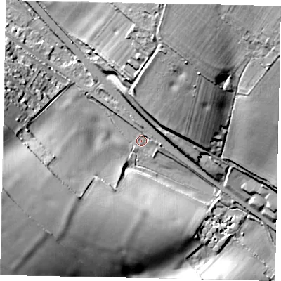 Shaded relief map of the ground around AL38NL, computed from Environment Agency LiDAR. The ground here sits at about 118 m above sea level and falls 36 m across the surrounding 800 m. Surface water reaching this point runs off ground lying to the north-west, 6.5 m higher.