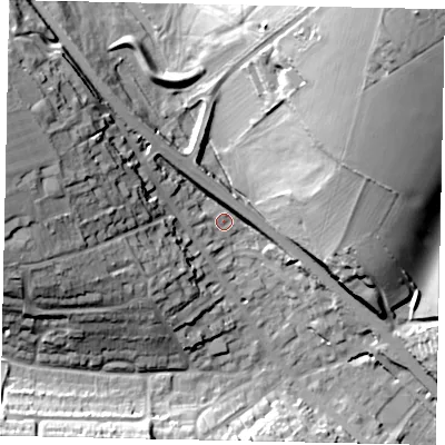 Shaded relief map of the ground around AL38PL, computed from Environment Agency LiDAR. The ground here sits at about 126 m above sea level and falls 41 m across the surrounding 800 m. Surface water reaching this point runs off ground lying to the west-north-west, 25.0 m higher.