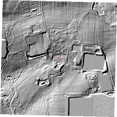 Shaded relief map of the ground around AL40JA, computed from Environment Agency LiDAR. The ground here sits at about 82 m above sea level and falls 15 m across the surrounding 800 m. Surface water reaching this point runs off ground lying to the west-north-west, 10.4 m higher.