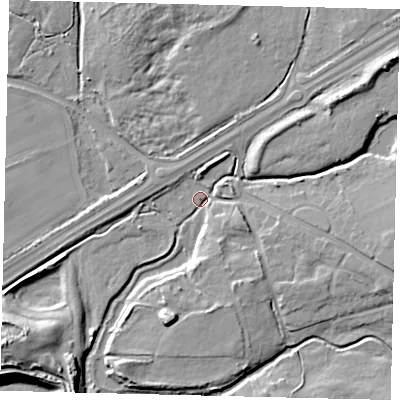 Shaded relief map of the ground around AL40NQ, computed from Environment Agency LiDAR. The ground here sits at about 70 m above sea level and falls 14 m across the surrounding 800 m. Surface water reaching this point runs off ground lying to the north-north-west, 7.0 m higher.