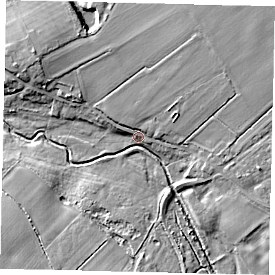 Shaded relief map of the ground around AL40NS, computed from Environment Agency LiDAR. The ground here sits at about 72 m above sea level and falls 8 m across the surrounding 800 m. Surface water reaching this point runs off ground lying to the east-south-east, 7.6 m higher.