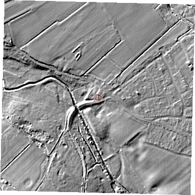Shaded relief map of the ground around AL40PA, computed from Environment Agency LiDAR. The ground here sits at about 74 m above sea level and falls 9 m across the surrounding 800 m. Surface water reaching this point runs off ground lying to the east, 3.7 m higher.