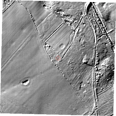 Shaded relief map of the ground around AL40PB, computed from Environment Agency LiDAR. The ground here sits at about 77 m above sea level and falls 9 m across the surrounding 800 m. Surface water reaching this point runs off ground lying to the south-south-east, 0.8 m higher.