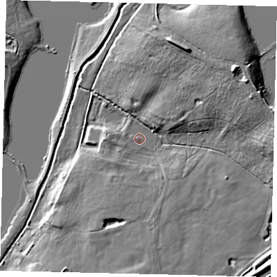 Shaded relief map of the ground around AL40PG, computed from Environment Agency LiDAR. The ground here sits at about 70 m above sea level and falls 12 m across the surrounding 800 m. Surface water reaching this point runs off ground lying to the south-west, 2.7 m higher.