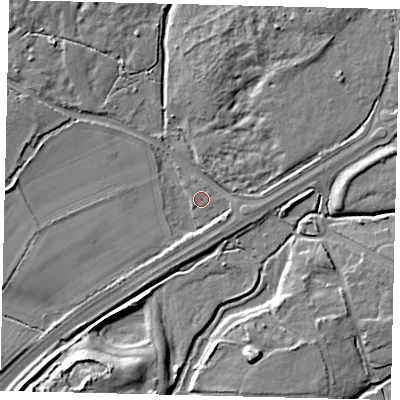 Shaded relief map of the ground around AL40RT, computed from Environment Agency LiDAR. The ground here sits at about 70 m above sea level and falls 12 m across the surrounding 800 m. Surface water reaching this point runs off ground lying to the west-south-west, 4.6 m higher.