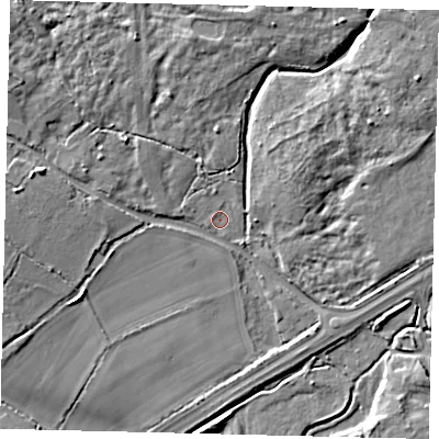 Shaded relief map of the ground around AL40RU, computed from Environment Agency LiDAR. The ground here sits at about 71 m above sea level and falls 11 m across the surrounding 800 m. Surface water reaching this point runs off ground lying to the north-west, 9.4 m higher.
