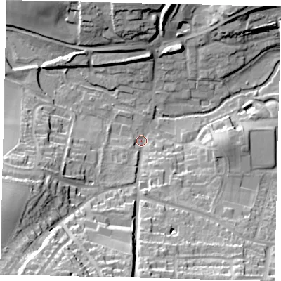 Shaded relief map of the ground around AL48AA, computed from Environment Agency LiDAR. The ground here sits at about 81 m above sea level and falls 38 m across the surrounding 800 m. Surface water reaching this point runs off ground lying to the south-south-west, 30.9 m higher.