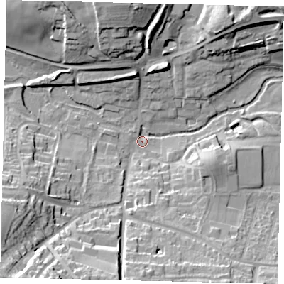 Shaded relief map of the ground around AL48BS, computed from Environment Agency LiDAR. The ground here sits at about 79 m above sea level and falls 34 m across the surrounding 800 m. Surface water reaching this point runs off ground lying to the south-west, 33.2 m higher.