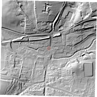 Shaded relief map of the ground around AL48BU, computed from Environment Agency LiDAR. The ground here sits at about 80 m above sea level and falls 30 m across the surrounding 800 m. Surface water reaching this point runs off ground lying to the north-north-west, 20.2 m higher.