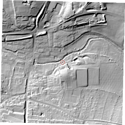 Shaded relief map of the ground around AL48BZ, computed from Environment Agency LiDAR. The ground here sits at about 79 m above sea level and falls 27 m across the surrounding 800 m. Surface water reaching this point runs off ground lying to the south-west, 26.5 m higher.