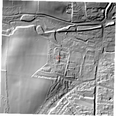 Shaded relief map of the ground around AL48DF, computed from Environment Agency LiDAR. The ground here sits at about 88 m above sea level and falls 41 m across the surrounding 800 m. Surface water reaching this point runs off ground lying to the south-south-west, 6.8 m higher.