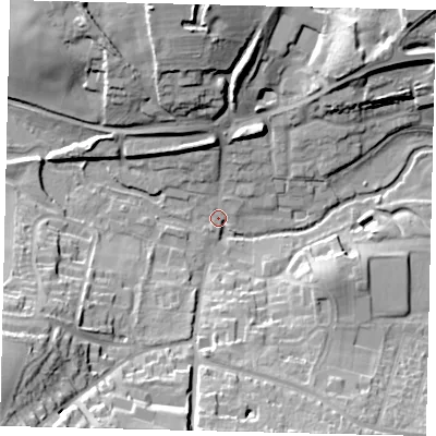 Shaded relief map of the ground around AL48DT, computed from Environment Agency LiDAR. The ground here sits at about 79 m above sea level and falls 30 m across the surrounding 800 m. Surface water reaching this point runs off ground lying to the south-west, 29.2 m higher.
