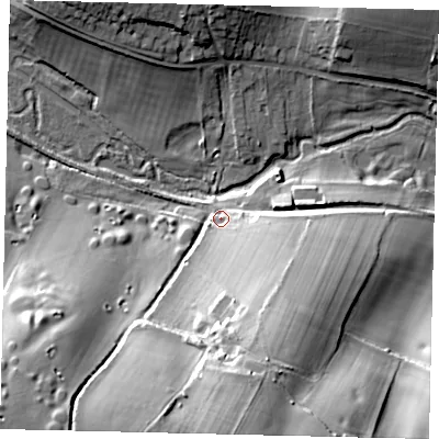 Shaded relief map of the ground around AL48EF, computed from Environment Agency LiDAR. The ground here sits at about 87 m above sea level and falls 43 m across the surrounding 800 m. Surface water reaching this point runs off ground lying to the south, 36.8 m higher.
