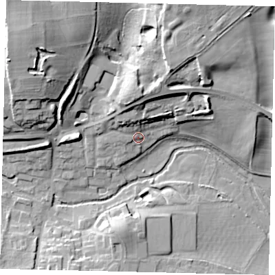 Shaded relief map of the ground around AL48FD, computed from Environment Agency LiDAR. The ground here sits at about 82 m above sea level and falls 23 m across the surrounding 800 m. Surface water reaching this point runs off ground lying to the north, 13.0 m higher.