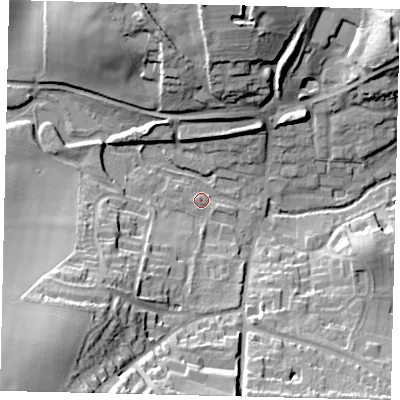 Shaded relief map of the ground around AL48FJ, computed from Environment Agency LiDAR. The ground here sits at about 81 m above sea level and falls 37 m across the surrounding 800 m. Surface water reaching this point runs off ground lying to the south-west, 34.9 m higher.